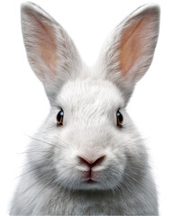Close-up of a white rabbit with expressive eyes against a solid black background, showcasing its features