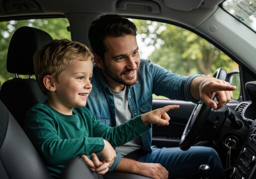 Father and son pointing while inside a car during a road trip on a bright sunny day outdoors