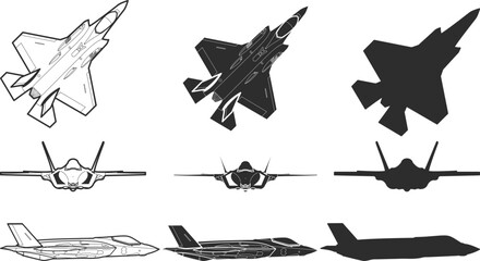 Set of icons of the fighter plane f35 line, silhouette, black color isolation, top, front and side view. F-35 Lightning II model. War plane icon.