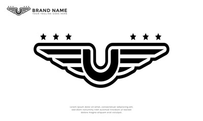 Letter U Wing Logo. Minimalist logo featuring a stylized letter U with wings and stars. Conveys concepts of flight, ambition, achievement, and high standards. Suitable for various industries.