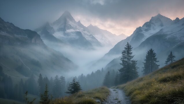Sunrise mountain landscape with snow-capped peaks, alpine trees, and a cloudy sky - Powered by Adobe