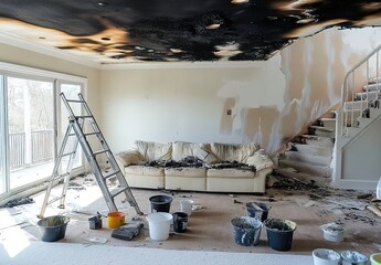 Post-fire living room with burned ceiling, soot-covered sofa, and debris.