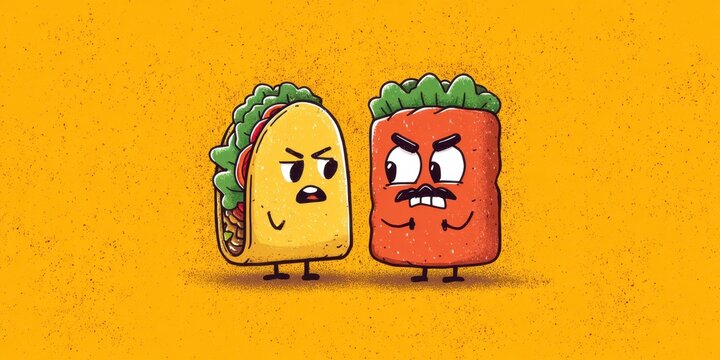 Cartoon tacos and sushi in an argument.