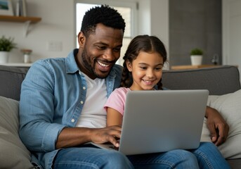 Father and daughter smiling while using a laptop together on a couch in a living room at home