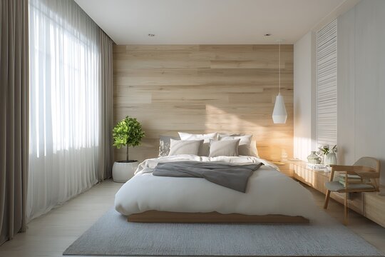 A modern bedroom with a light wood accent wall and a large bed with white linens and gray blanket decor