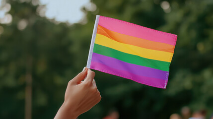 Hand holds vibrant rainbow flag celebrating LGBTQ pride during month of June
