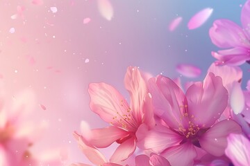 Fototapeta premium Dreamy Pink Cherry Blossom Photo With Falling Petals And Soft Pastel Background