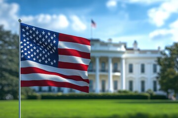 Fototapeta premium Close up of USA flag with the White House in the background under a clear blue sky