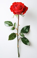 Obraz premium Red Rose with Green Leaves on White Background, Symbol of Love, Romance, Beauty, and Elegance, Perfect for Various Celebratory Occasions or Artistic Displays
