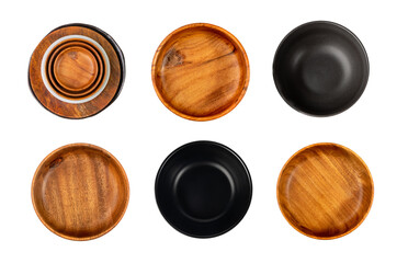 Empty Wood Bowl Isolated, Wooden Bowl on White Background Top View, Rustic Mock Up