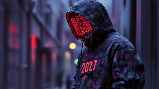 Man in a hoodie with a red light 2027 