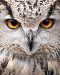 Close-up of a majestic owl with piercing yellow eyes, showcasing intricate feather patterns and textures