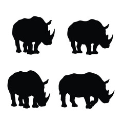 Herbivorous rhino standing silhouette on a white background. Wild peaceful rhino standing in different positions. Rhino full body silhouette collection. Dangerous rhinoceros silhouette bundle design.