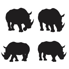 Herbivorous rhino standing silhouette on a white background. Wild peaceful rhino standing in different positions. Rhino full body silhouette collection. Dangerous rhinoceros silhouette bundle design.