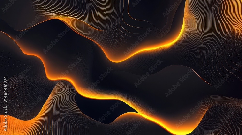 Poster abstract dark background with golden wavy lines and glowing edges creating a modern design. abstract