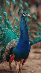 Obraz premium Majestic peacock displays vibrant plumage and graceful posture.