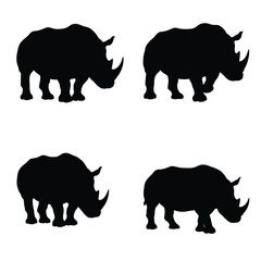 Herbivorous rhino standing silhouette on a white background. Wild peaceful rhino standing in different positions. Rhino full body silhouette collection. Dangerous rhinoceros silhouette bundle design.