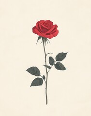 Fototapeta premium Single red rose illustration with detailed petals and leaves on a light background, symbolizing love, beauty, and elegance in a minimalist style