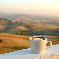 Coffee cup with latte art and blurry landscape view in natural light