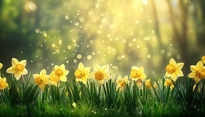 Fototapeta premium Yellow daffodils blooming in a grassy field under sunlight with sparkling effects.