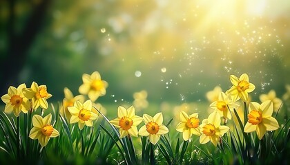 Obraz premium Yellow daffodils blooming in a grassy field under sunlight with sparkling effects.