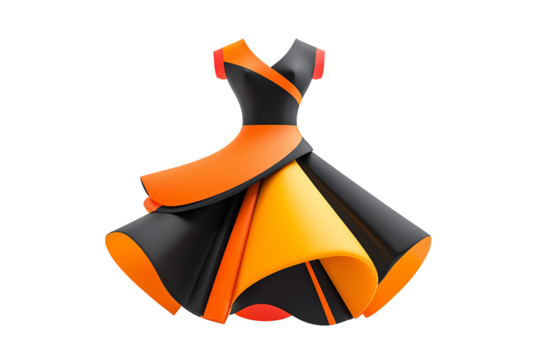 Stylish abstract dress with bold orange, black, and yellow geometric patterns and dynamic, layered design. - Powered by Adobe