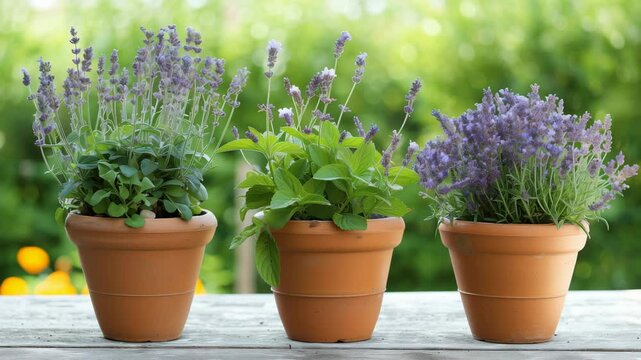 Potted tea herbs lavender and mint on a table.