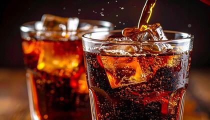 Custom AI Model Pouring of Cola and Ice. Cola soda and ice splashing fizzing drink