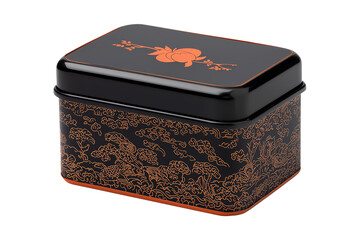 Ornate black metal tin box with gold and orange decorative floral designs on the lid and sides.