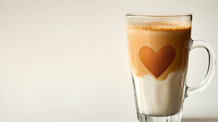 Coffee drink with heart design in glass creative latte art closeup