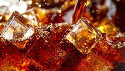 Custom AI Model Pouring of Cola and Ice. Cola soda and ice splashing fizzing broun