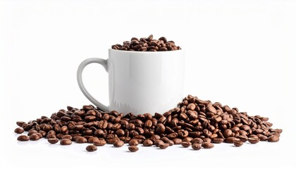 Custom AI Model  roasted coffee beans scattered of coffee mug isolated on white