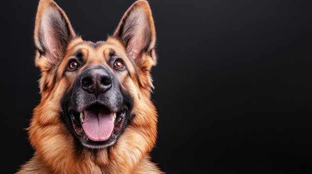 An adorable German Shepherd dog smiles charmingly at the camera, radiating joy and warmth, and symbolizing the companionship and happiness that pets bring to our lives.