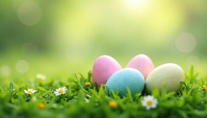 Soft pastel-colored eggs nestled in spring grass , painted, holiday decor