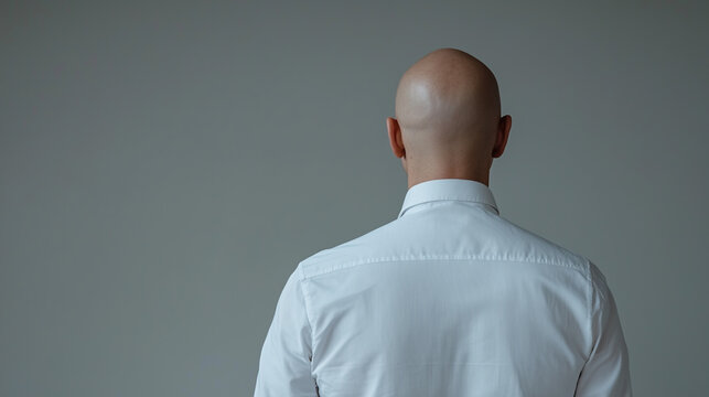 bald man in white shirt stands with his back to camera against plain background - Powered by Adobe