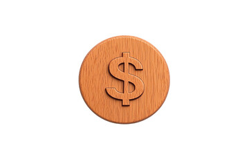 A wooden coin featuring a prominent dollar sign symbol.