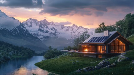 Obraz premium Modern Eco House in Stunning Mountain Landscape at Sunset