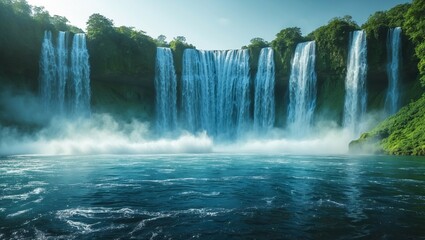 Fototapeta premium Mountain waterfalls cascade through lush green forests
