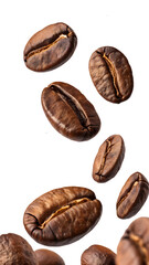 floating roasted coffee beans isolated on white background