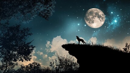 Wolf howls at the moonlit clifftop