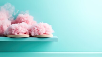 Soft and fluffy pink slippers resting on a pastel teal shelf, creating a serene and cozy ambiance, perfect for relaxation and comfort in any home.