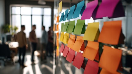 Brainstorming workshop with sticky notes arranged in rainbow color flow, participants blurred in foreground for copy space focus, vibrant daylight studio