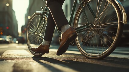 Naklejka premium The Urban Navigator: A close-up of a man's legs, clad in a sleek dark suit and polished brown leather shoes, walking confidently across a busy city streetGreen retro bike parked on.