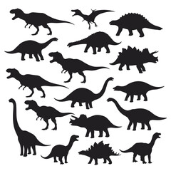 Dinosaur roaring in different positions, silhouette set vector. Big dinosaur standing silhouette collection on a white background. Historic carnivore animals full body silhouette bundles.