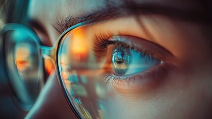Focused Vision: Close-up Eye with Reflected Urban Light Through Eyeglasses