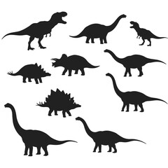 Dinosaur roaring in different positions, silhouette set vector. Big dinosaur standing silhouette collection on a white background. Historic carnivore animals full body silhouette bundles.