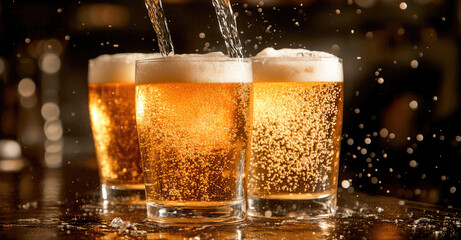 Craft beer being poured into frosty glasses at a bustling pub during an evening gathering with friends Generative AI