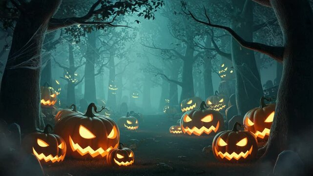 幻想的な森、光るカボチャ、ハロウィン夜