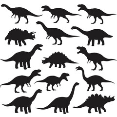 Dinosaur roaring in different positions, silhouette set vector. Big dinosaur standing silhouette collection on a white background. Historic carnivore animals full body silhouette bundles.