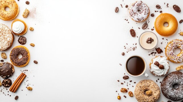 Donuts and coffee arrangement on white background